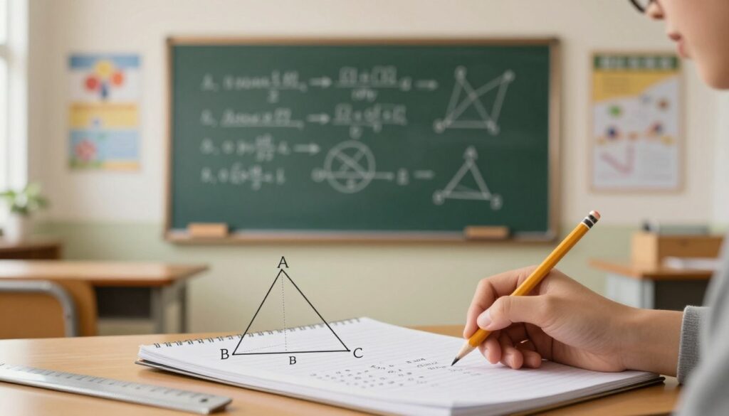 A beautifully composed educational scene illustrating the calculation of the perimeter of an isosceles triangle. In the foreground, a clear geometric drawing of an isosceles triangle, labeled with its sides (A, B, C) and measurements. A hand with a pencil is shown, working on calculations on a notepad beside the triangle. In the middle, a chalkboard displays relevant formulas and geometric diagrams, subtly blurred to maintain focus on the foreground. The background features a softly lit classroom setting, with educational posters and a ruler on a desk. Natural sunlight pours in through a window, creating a warm, inviting atmosphere. The mood is focused and studious, ideal for an academic article.