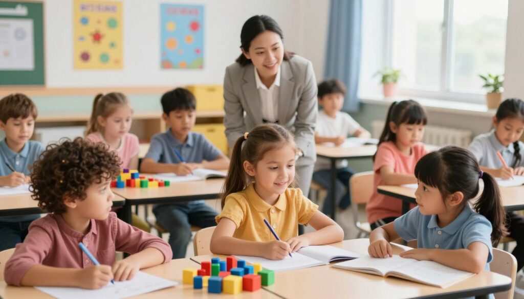 A classroom scene depicting the concept of school readiness in children. In the foreground, a diverse group of children aged 5-7, engaged in various educational activities such as drawing, reading, and building with blocks. Each child, dressed in colorful and modest clothing, exhibits expressions of curiosity and engagement. In the middle ground, a supportive teacher, shown in professional attire, interacts with the children, guiding them and fostering a positive environment. The background features educational posters and a colorful, well-organized classroom, filled with natural light streaming through large windows. The mood is warm and encouraging, highlighting growth, learning, and readiness for school. The composition uses a soft focus to emphasize the joyful faces of the children. A classroom scene depicting the concept of school readiness in children. In the foreground, a diverse group of children aged 5-7, engaged in various educational activities such as drawing, reading, and building with blocks. Each child, dressed in colorful and modest clothing, exhibits expressions of curiosity and engagement. In the middle ground, a supportive teacher, shown in professional attire, interacts with the children, guiding them and fostering a positive environment. The background features educational posters and a colorful, well-organized classroom, filled with natural light streaming through large windows. The mood is warm and encouraging, highlighting growth, learning, and readiness for school. The composition uses a soft focus to emphasize the joyful faces of the children.