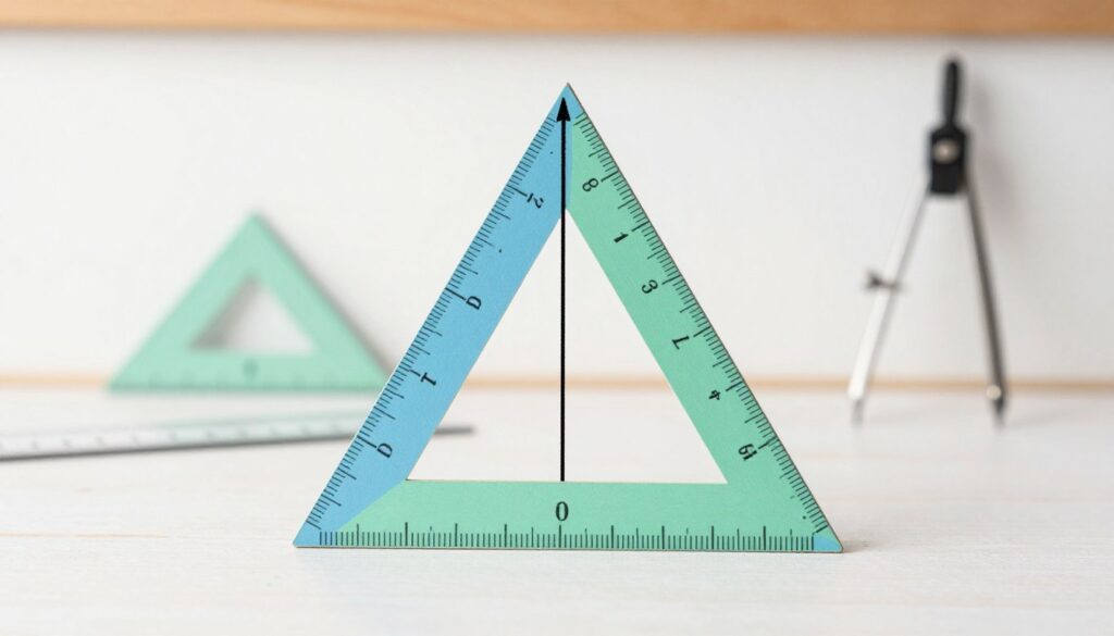 A clear illustration of a symmetrical triangle displayed prominently in the foreground, with its apex pointing upwards. Ensure one height line is drawn from the apex to the base, clearly showing how to calculate the height. The triangle's sides should be labeled with distinct measurements, depicted in an inviting color palette of soft blues and greens. In the middle ground, consider including simple geometric tools like a ruler and a compass to emphasize the mathematical theme. The background can feature a lightly textured, soft whiteboard surface, suggesting a classroom or educational setting. Soft, natural light illuminates the scene, creating a welcoming and informative atmosphere, inviting viewers to engage with the content. A clear illustration of a symmetrical triangle displayed prominently in the foreground, with its apex pointing upwards. Ensure one height line is drawn from the apex to the base, clearly showing how to calculate the height. The triangle's sides should be labeled with distinct measurements, depicted in an inviting color palette of soft blues and greens. In the middle ground, consider including simple geometric tools like a ruler and a compass to emphasize the mathematical theme. The background can feature a lightly textured, soft whiteboard surface, suggesting a classroom or educational setting. Soft, natural light illuminates the scene, creating a welcoming and informative atmosphere, inviting viewers to engage with the content.