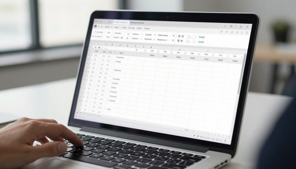 A close-up of an open laptop displaying a Microsoft Excel spreadsheet on the screen, highlighting a single cell filled with text and line breaks, demonstrating the manual insertion of rows. In the foreground, a hand of a person in a professional business attire is poised over the keyboard, ready to press the 'Enter' key. The background features a blurred office environment with soft, natural lighting streaming through a nearby window, casting gentle shadows. The overall atmosphere is focused and professional, emphasizing the practicality of using Excel efficiently, with a modern and clean aesthetic. The image captures the essence of productivity and attention to detail, inviting viewers to engage with the task at hand.