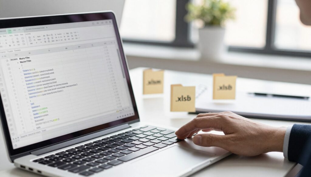 A close-up scene within an organized office workspace showcasing a computer screen displaying an Excel spreadsheet with visible macro code. The foreground features a sleek laptop with a partially open document titled "Macro Files" on the display. In the middle, a hand reaches towards the keyboard, indicating user interaction and engagement. The background presents a well-lit office setting with soft, natural light streaming through a window, casting gentle shadows. Various file icons representing supported formats like .xlsm, .xlsb, and .xls are tastefully arranged around the laptop. The atmosphere is professional and focused, evoking a sense of productivity and clarity. The scene is captured from a slightly elevated angle, emphasizing the technology and its practical use without any text or distractions. A close-up scene within an organized office workspace showcasing a computer screen displaying an Excel spreadsheet with visible macro code. The foreground features a sleek laptop with a partially open document titled "Macro Files" on the display. In the middle, a hand reaches towards the keyboard, indicating user interaction and engagement. The background presents a well-lit office setting with soft, natural light streaming through a window, casting gentle shadows. Various file icons representing supported formats like .xlsm, .xlsb, and .xls are tastefully arranged around the laptop. The atmosphere is professional and focused, evoking a sense of productivity and clarity. The scene is captured from a slightly elevated angle, emphasizing the technology and its practical use without any text or distractions.