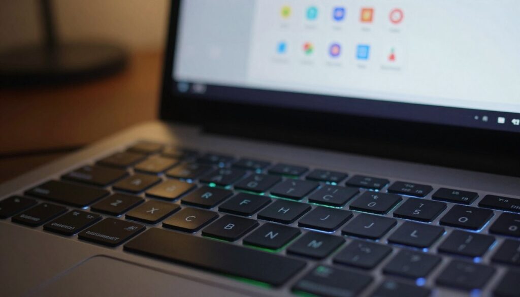 A close-up view of a computer keyboard with highlighted keys representing different language settings. The foreground features a sleek, modern keyboard with various symbols for different languages illuminated by soft backlighting in blue and green hues. In the middle, a computer screen displays a clear settings menu focused on keyboard layout options, with colorful icons for different language selections. The background shows a softly blurred home office environment with warm lighting, creating a focused yet comfortable atmosphere. The composition should convey a sense of professionalism and modernity, emphasizing the importance of language settings in user experience. The image should be well-lit to enhance readability and clarity, without any text or logos. A close-up view of a computer keyboard with highlighted keys representing different language settings. The foreground features a sleek, modern keyboard with various symbols for different languages illuminated by soft backlighting in blue and green hues. In the middle, a computer screen displays a clear settings menu focused on keyboard layout options, with colorful icons for different language selections. The background shows a softly blurred home office environment with warm lighting, creating a focused yet comfortable atmosphere. The composition should convey a sense of professionalism and modernity, emphasizing the importance of language settings in user experience. The image should be well-lit to enhance readability and clarity, without any text or logos.