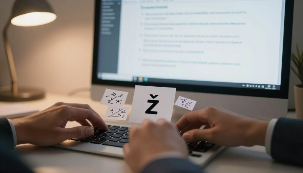 A close-up view of a modern computer keyboard, showcasing the letter "ź" prominently, surrounded by a few scattered notes with handwritten symbols and diagrams related to typing issues. In the foreground, a pair of hands in business attire are poised over the keyboard, fingers ready to type. The middle ground features a glowing screen displaying a troubleshooting guide for typing problems. The background hints at a cozy, well-lit workspace with a desk lamp casting warm light, creating a focus on the keyboard. The atmosphere feels calm and focused, emphasizing problem-solving and productivity. The lighting is soft, highlighting the textures of the keyboard and notes, while ensuring clarity and detail in all elements. A close-up view of a modern computer keyboard, showcasing the letter "ź" prominently, surrounded by a few scattered notes with handwritten symbols and diagrams related to typing issues. In the foreground, a pair of hands in business attire are poised over the keyboard, fingers ready to type. The middle ground features a glowing screen displaying a troubleshooting guide for typing problems. The background hints at a cozy, well-lit workspace with a desk lamp casting warm light, creating a focus on the keyboard. The atmosphere feels calm and focused, emphasizing problem-solving and productivity. The lighting is soft, highlighting the textures of the keyboard and notes, while ensuring clarity and detail in all elements.
