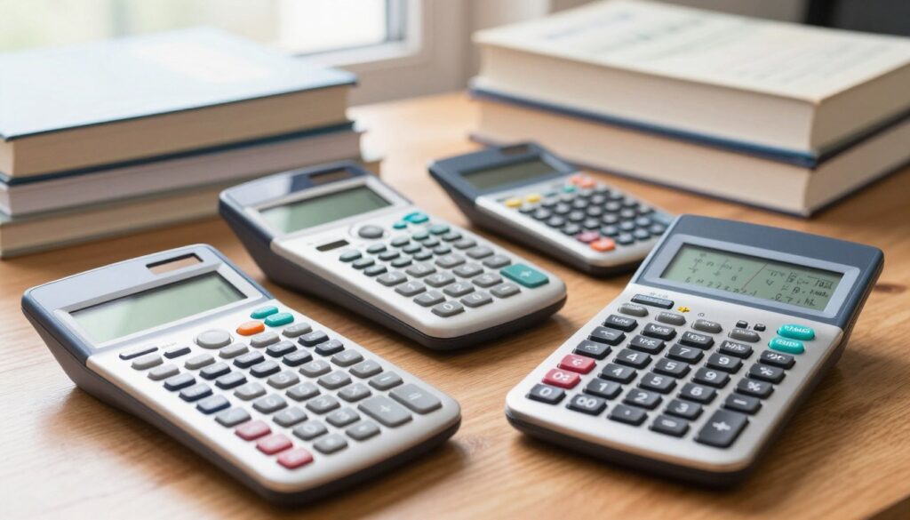 A close-up view of various scientific calculators displayed on a wooden desk, showcasing their unique designs and features. In the foreground, a sleek, modern scientific calculator with a large screen and colorful buttons, placed next to a classic graphing calculator with a display showing complex equations. In the middle ground, a scientific calculator featuring a solar panel and a smaller scientific calculator designed for basic computations. The background includes a softly blurred stack of textbooks on mathematics and physics, with warm natural lighting illuminating the scene from a window, creating a cozy and scholarly atmosphere. The overall mood is educational and inviting, perfect for illustrating the different types of calculators. A close-up view of various scientific calculators displayed on a wooden desk, showcasing their unique designs and features. In the foreground, a sleek, modern scientific calculator with a large screen and colorful buttons, placed next to a classic graphing calculator with a display showing complex equations. In the middle ground, a scientific calculator featuring a solar panel and a smaller scientific calculator designed for basic computations. The background includes a softly blurred stack of textbooks on mathematics and physics, with warm natural lighting illuminating the scene from a window, creating a cozy and scholarly atmosphere. The overall mood is educational and inviting, perfect for illustrating the different types of calculators.