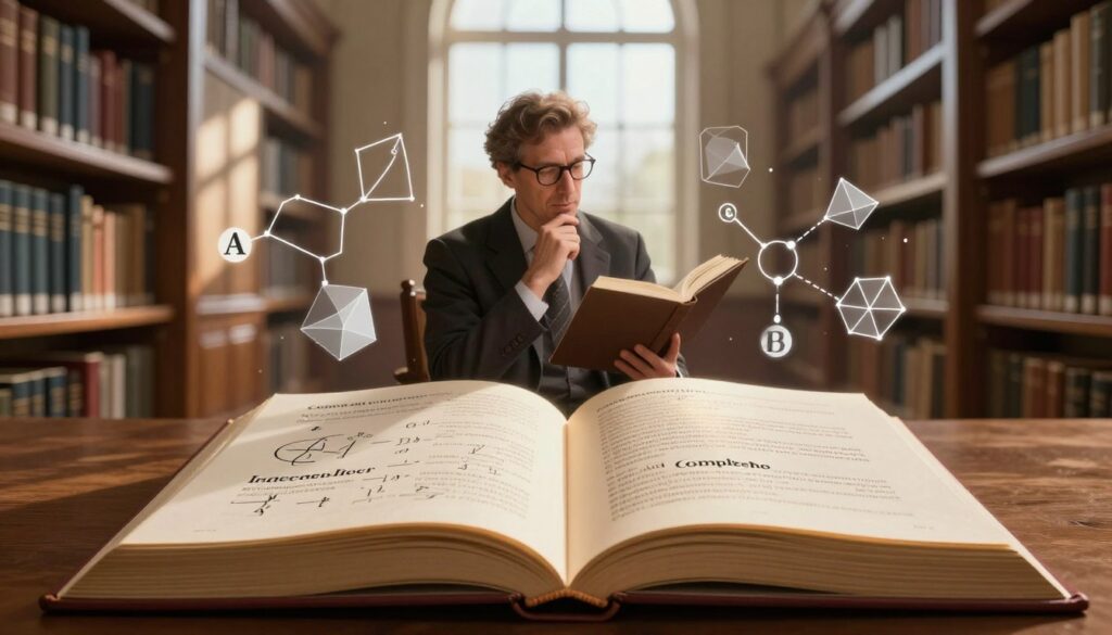 A conceptual illustration of the properties of axioms in mathematics. In the foreground, a large, open book displaying symbolic representations of the concepts of contradiction, independence, and completeness, with illuminated pages. In the middle ground, a thoughtful scholar in professional attire is examining the book, surrounded by floating geometric shapes and mathematical symbols that represent logical connections. The background features a soft-focus library with warm, natural light streaming through tall windows, casting interesting shadows on the wooden shelves filled with classic mathematical texts. The overall mood is scholarly and contemplative, inviting viewers to explore the intricacies of axioms and their properties. A conceptual illustration of the properties of axioms in mathematics. In the foreground, a large, open book displaying symbolic representations of the concepts of contradiction, independence, and completeness, with illuminated pages. In the middle ground, a thoughtful scholar in professional attire is examining the book, surrounded by floating geometric shapes and mathematical symbols that represent logical connections. The background features a soft-focus library with warm, natural light streaming through tall windows, casting interesting shadows on the wooden shelves filled with classic mathematical texts. The overall mood is scholarly and contemplative, inviting viewers to explore the intricacies of axioms and their properties.