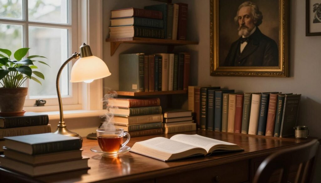 A cozy and inviting study room filled with classic literature books stacked elegantly on wooden shelves, with an antique desk in the foreground. On the desk, an open book lays beside a steaming cup of tea, bathed in soft, warm light filtering through a nearby window. A potted plant adds a touch of greenery, while a vintage lamp casts a gentle glow, creating a scholarly atmosphere. In the background, a large framed portrait of a famous author hangs on the wall, hinting at literary analysis. The overall mood is contemplative and inspiring, evoking a sense of deep thought and interpretation of literary texts. The scene captures a moment of reflection, perfect for a setting focused on literature and textual analysis.