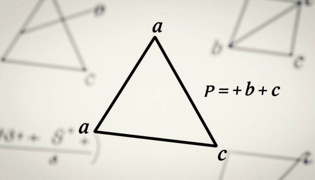 A detailed and educational illustration of a triangle with labeled sides and the formula for calculating its perimeter, highlighting the equation P = a + b + c. In the foreground, present a geometric triangle positioned centrally, with clear annotations for each side labeled as 'a', 'b', and 'c'. In the middle ground, provide a softly blurred mathematical background, hinting at calculations and geometric shapes. Use a soft, diffused lighting effect to enhance clarity and focus on the triangle. Opt for an isometric angle to give a sense of depth, while maintaining a clean and professional look. The overall mood should be informative and academic, suitable for educational content without any distractions.