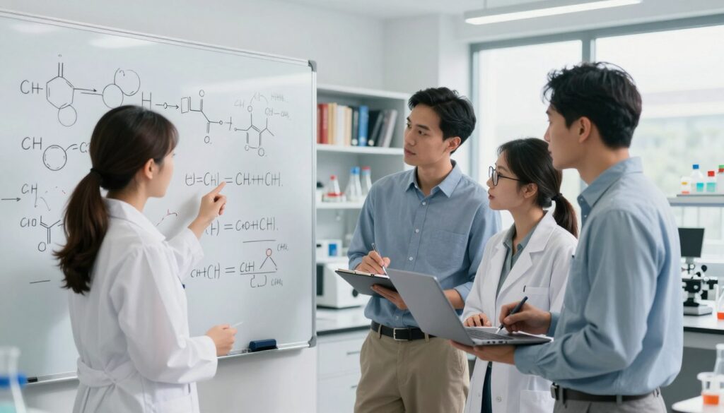 A detailed and educational scene illustrating the step-by-step process of balancing chemical reaction equations. In the foreground, a diverse group of three professionals—two women and one man—are in a modern laboratory setting. They are engaged in discussion, surrounded by chemical equations sketched on a whiteboard. The woman on the left, wearing a lab coat, points at the equations, while the man, clad in business casual attire, takes notes. The second woman, with glasses and a focused expression, uses a laptop to show relevant data. In the background, shelves filled with scientific books and lab equipment create a scholarly atmosphere, illuminated by bright, natural lighting from large windows. The overall mood is collaborative and focused, emphasizing teamwork in scientific inquiry. A detailed and educational scene illustrating the step-by-step process of balancing chemical reaction equations. In the foreground, a diverse group of three professionals—two women and one man—are in a modern laboratory setting. They are engaged in discussion, surrounded by chemical equations sketched on a whiteboard. The woman on the left, wearing a lab coat, points at the equations, while the man, clad in business casual attire, takes notes. The second woman, with glasses and a focused expression, uses a laptop to show relevant data. In the background, shelves filled with scientific books and lab equipment create a scholarly atmosphere, illuminated by bright, natural lighting from large windows. The overall mood is collaborative and focused, emphasizing teamwork in scientific inquiry.
