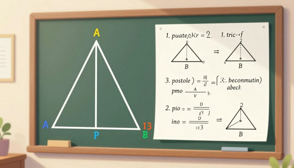 A detailed educational illustration of calculating the perimeter of a triangle, featuring a visually engaging and informative layout. In the foreground, display a large triangle with labeled sides, lengths indicated clearly in contrasting colors. In the middle ground, incorporate a chalkboard or paper with step-by-step calculations and geometric formulas, showcasing examples of different triangle types (equilateral, isosceles, scalene). The background should suggest a classroom or study environment, with soft, diffused lighting to create a calm and focused atmosphere. Use an angle that allows viewers to see both the triangle and the calculations clearly. The overall mood should be encouraging and inspiring, promoting the understanding of geometry in a practical and approachable way.
