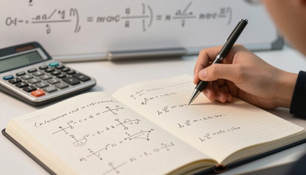 A detailed, illustrated step-by-step guide to transforming physics formulas. In the foreground, a clear, open notebook lays flat on a desk, with neatly written equations and diagrams representing various physics formulas being manipulated. The middle ground features a hand holding a pen, poised to write, while a nearby calculator displays numerical solutions. In the background, a soft-focus whiteboard is filled with additional complex formulas, highlighting the educational theme. Soft, warm lighting casts gentle shadows, creating an inviting and focused atmosphere suitable for studying. The angle captures an overhead perspective, emphasizing the workspace and the clarity of the subject matter, without any text or distractions. A detailed, illustrated step-by-step guide to transforming physics formulas. In the foreground, a clear, open notebook lays flat on a desk, with neatly written equations and diagrams representing various physics formulas being manipulated. The middle ground features a hand holding a pen, poised to write, while a nearby calculator displays numerical solutions. In the background, a soft-focus whiteboard is filled with additional complex formulas, highlighting the educational theme. Soft, warm lighting casts gentle shadows, creating an inviting and focused atmosphere suitable for studying. The angle captures an overhead perspective, emphasizing the workspace and the clarity of the subject matter, without any text or distractions.