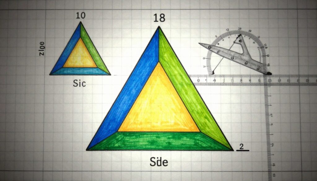 A detailed illustration of a triangle on a coordinate grid, showcasing the impacts of side lengths and angle measurements on the height of the triangle. In the foreground, a large triangle is filled with vibrant colors, each side labeled with its length. One angle is highlighted, casting a subtle shadow to emphasize its influence on height. In the middle background, the triangle is superimposed over a grid with a ruler and protractor, illustrating measurements. The grid is softly lit to avoid glare, while the triangle is backlit to create depth. The overall atmosphere is academic, inviting viewers to explore geometric concepts. The composition should be clear and visually appealing, focusing solely on the triangle and its mathematical principles without any text or distractions.