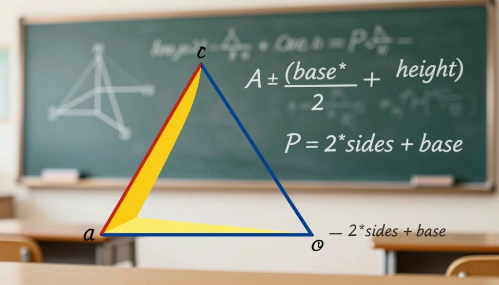 A detailed illustration of an isosceles triangle in a mathematical context, featuring the formulas for area and perimeter prominently within the geometry. In the foreground, the triangle is shown in vibrant colors, with its equal sides highlighted. Alongside, elegant mathematical symbols and the numerical expressions for area (A = (base * height) / 2) and perimeter (P = 2 * sides + base) are displayed. The background consists of a softly blurred classroom or study scene with chalkboards filled with geometric figures, creating a scholarly atmosphere. Soft, natural lighting enhances the clarity of the equations, providing a sharp focus on the triangle's structure. The perspective is slightly angled, allowing for depth and dimension, capturing the essence of mathematical learning. A detailed illustration of an isosceles triangle in a mathematical context, featuring the formulas for area and perimeter prominently within the geometry. In the foreground, the triangle is shown in vibrant colors, with its equal sides highlighted. Alongside, elegant mathematical symbols and the numerical expressions for area (A = (base * height) / 2) and perimeter (P = 2 * sides + base) are displayed. The background consists of a softly blurred classroom or study scene with chalkboards filled with geometric figures, creating a scholarly atmosphere. Soft, natural lighting enhances the clarity of the equations, providing a sharp focus on the triangle's structure. The perspective is slightly angled, allowing for depth and dimension, capturing the essence of mathematical learning.