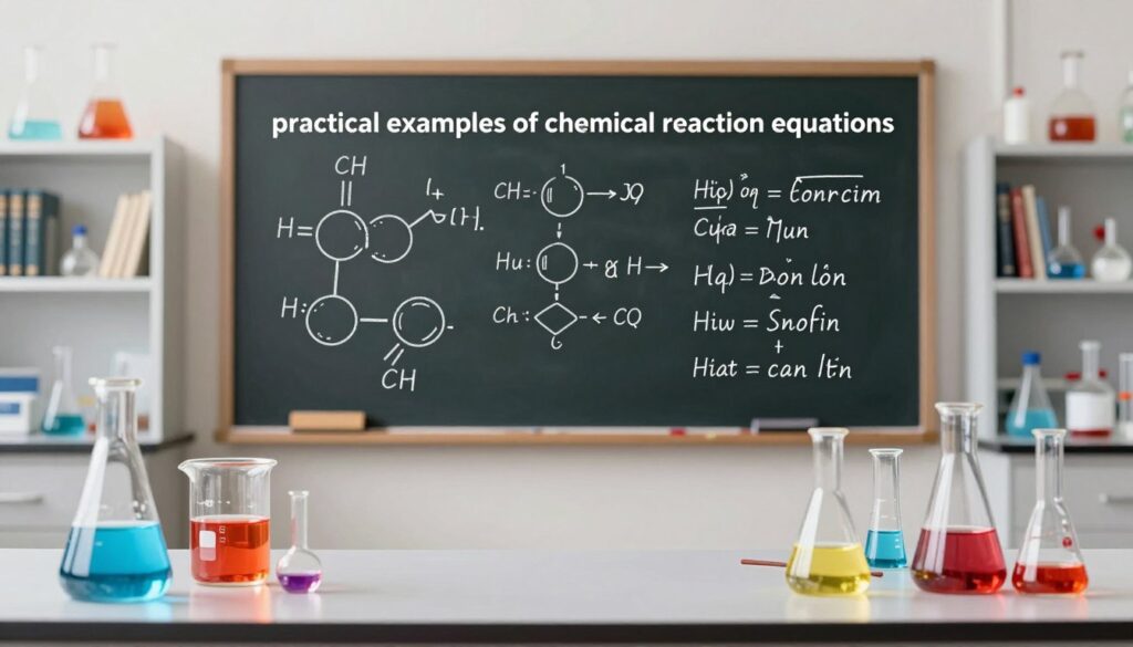 A detailed illustration showcasing "practical examples of chemical reaction equations." In the foreground, depict a well-organized chemistry lab table with various glass beakers filled with vibrant colored liquids, lit by soft overhead lighting to create a bright, inviting atmosphere. In the middle, show a blackboard with clearly written chemical equations and diagrams, emphasizing the different reactions taking place. The background features shelves filled with chemistry textbooks and lab equipment, subtly blurred to keep focus on the foreground elements. Capture the essence of analytical thinking and experimentation, creating a professional and educational mood ideal for an article on chemical reactions. Use a wide-angle lens effect for added depth and clarity in the composition. A detailed illustration showcasing "practical examples of chemical reaction equations." In the foreground, depict a well-organized chemistry lab table with various glass beakers filled with vibrant colored liquids, lit by soft overhead lighting to create a bright, inviting atmosphere. In the middle, show a blackboard with clearly written chemical equations and diagrams, emphasizing the different reactions taking place. The background features shelves filled with chemistry textbooks and lab equipment, subtly blurred to keep focus on the foreground elements. Capture the essence of analytical thinking and experimentation, creating a professional and educational mood ideal for an article on chemical reactions. Use a wide-angle lens effect for added depth and clarity in the composition.