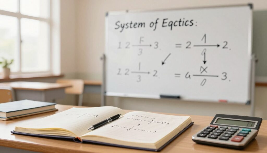 A detailed illustration showing the step-by-step method of substitution for solving a system of equations. In the foreground, a neatly organized desk with open notebooks, pens, and a calculator, highlighting mathematical expressions and equations written in clear handwriting. In the middle ground, a whiteboard displaying two equations being manipulated step-by-step, with arrows indicating the substitution process. In the background, a softly focused classroom setting with light streaming in through large windows, creating a warm and inviting atmosphere. The overall mood is educational and inspiring, emphasizing clarity and understanding in solving mathematical problems. Natural lighting enhances the scene, with a slight vignette effect to draw focus to the foreground elements. A detailed illustration showing the step-by-step method of substitution for solving a system of equations. In the foreground, a neatly organized desk with open notebooks, pens, and a calculator, highlighting mathematical expressions and equations written in clear handwriting. In the middle ground, a whiteboard displaying two equations being manipulated step-by-step, with arrows indicating the substitution process. In the background, a softly focused classroom setting with light streaming in through large windows, creating a warm and inviting atmosphere. The overall mood is educational and inspiring, emphasizing clarity and understanding in solving mathematical problems. Natural lighting enhances the scene, with a slight vignette effect to draw focus to the foreground elements.