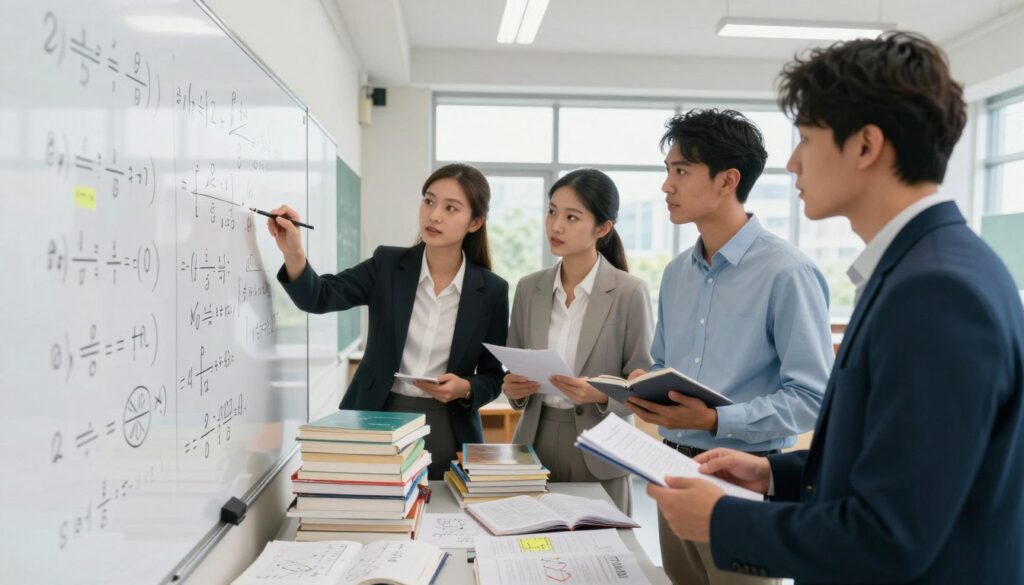 A detailed instructional scene illustrating common mistakes in the substitution method for solving equations. In the foreground, a diverse group of three people, including a young woman and two men, dressed in professional business attire, intently discussing equations on a large whiteboard filled with math symbols and markings. In the middle ground, stacks of textbooks and notebooks are scattered, showcasing various equations with highlighted errors. The background features a modern classroom setting with natural light streaming in through large windows, enhancing a focused and analytical atmosphere. The overall mood is educational and collaborative, emphasizing learning and problem-solving. The image captures a moment of discovery, encouraging viewers to reflect on avoiding common pitfalls in mathematical methods.