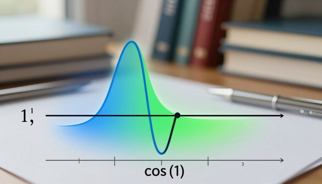 A detailed representation of the trigonometric function cosine at the value of 1, visually illustrating its mathematical significance. In the foreground, a vibrant graph displaying the cosine function curve, with clearly marked axes and the point (1, cos(1)) highlighted. The middle section features a smooth gradient that transitions from blue to green, symbolizing the mathematical concepts of continuity and change. In the background, an abstract depiction of a mathematical workspace filled with books and tools, softly blurred to maintain focus on the graph. The lighting is bright and dynamic with a slight glow on the cosine curve to emphasize importance. The mood conveys inspiration and curiosity, reflecting the exploration of mathematical concepts.