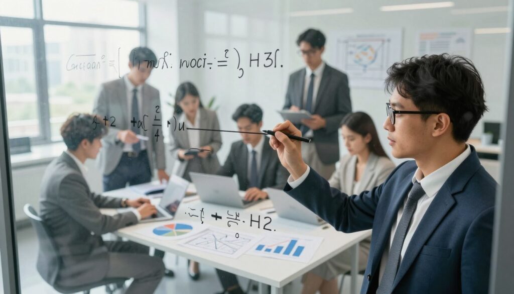 A dynamic scene illustrating the application of factorials in mathematics, featuring a diverse group of professionals in business attire, engaged in various tasks. In the foreground, a focused mathematician writes complex equations on a glass board, showcasing factorial notations. The middle ground depicts a collaborative workspace with colleagues analyzing data, surrounded by mathematical diagrams and charts that highlight the use of factorials in real-world scenarios like project planning and probability analysis. The background should feature softly blurred elements of a modern office with large windows, allowing natural light to pour in, creating a bright and energetic atmosphere. Use a wide-angle lens perspective to emphasize the teamwork environment. The mood is intellectual and inspiring, inviting viewers to explore the practical implications of mathematics in various fields.