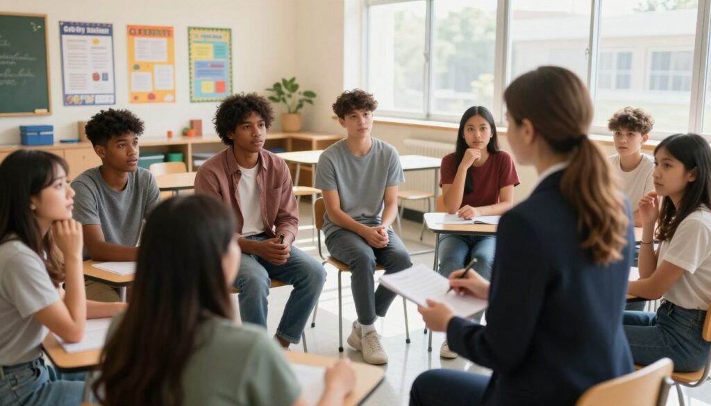 A group of diverse students in a school setting actively engaging in a constructive dialogue about bullying intervention. In the foreground, a confident female teacher in professional attire is facilitating the discussion, demonstrating empathy and support. In the middle ground, a diverse group of students—of different ethnicities and genders—are expressing their thoughts, illustrating the importance of communication and collaboration. The background features a bright, welcoming classroom with educational posters on the walls, enhancing the positive atmosphere. Natural light streams through large windows, casting a warm glow, creating an encouraging mood. The camera angle is slightly elevated, giving a clear view of all participants and their interactions, emphasizing unity and effective strategies for addressing bullying.