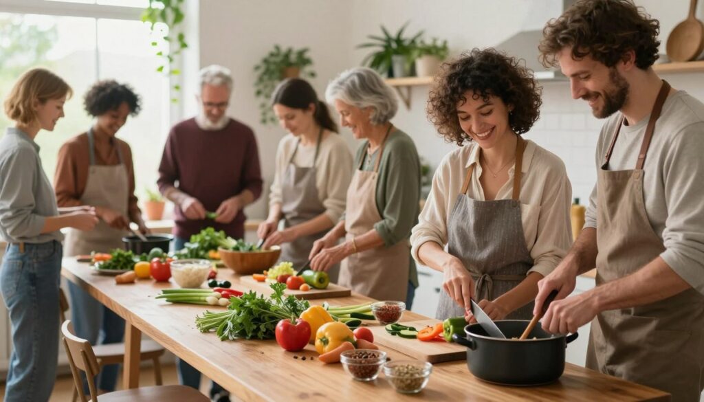 A lively and colorful creative workshop scene featuring a diverse group of adults engaged in a communal cooking activity. In the foreground, a cheerful woman in a modest casual outfit stirs a pot, while a man nearby chops vegetables, both smiling and basking in the warmth of the kitchen's atmosphere. In the middle ground, a large wooden table showcases an array of fresh ingredients; herbs, spices, and vibrant produce are artfully arranged. The background reveals a cozy kitchen filled with soft natural light streaming through a window, plants adorned on the windowsill, and cooking utensils hanging on the walls. The overall mood is positive and collaborative, emphasizing fun and relaxation as participants engage in creativity and bonding over cooking.