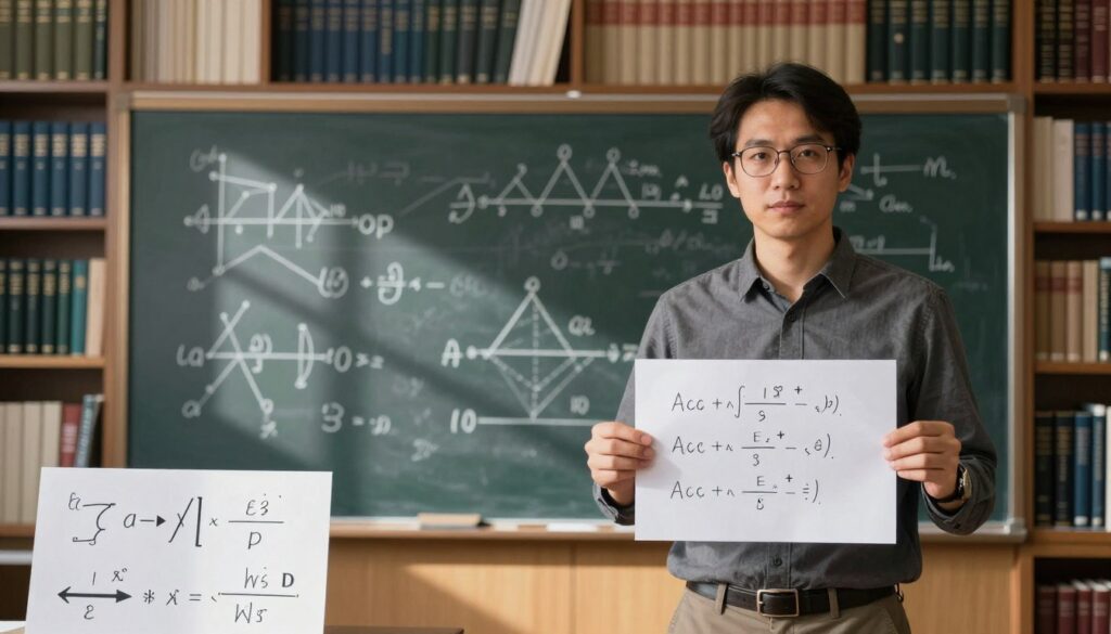 A mathematician standing confidently in an academic setting, holding a large piece of paper with mathematical axioms written on it. In the foreground, display various axiomatic symbols like logical arrows, sets, and equations. The middle ground features a chalkboard filled with complex mathematical diagrams and proofs, illustrating the application of axioms in mathematics and logic. In the background, shelves filled with mathematics textbooks and academic journals create a scholarly atmosphere. Soft, natural lighting streams in through a window, casting gentle shadows. The mood is focused and inspiring, capturing the essence of exploring foundational concepts in mathematics. A mathematician standing confidently in an academic setting, holding a large piece of paper with mathematical axioms written on it. In the foreground, display various axiomatic symbols like logical arrows, sets, and equations. The middle ground features a chalkboard filled with complex mathematical diagrams and proofs, illustrating the application of axioms in mathematics and logic. In the background, shelves filled with mathematics textbooks and academic journals create a scholarly atmosphere. Soft, natural lighting streams in through a window, casting gentle shadows. The mood is focused and inspiring, capturing the essence of exploring foundational concepts in mathematics.