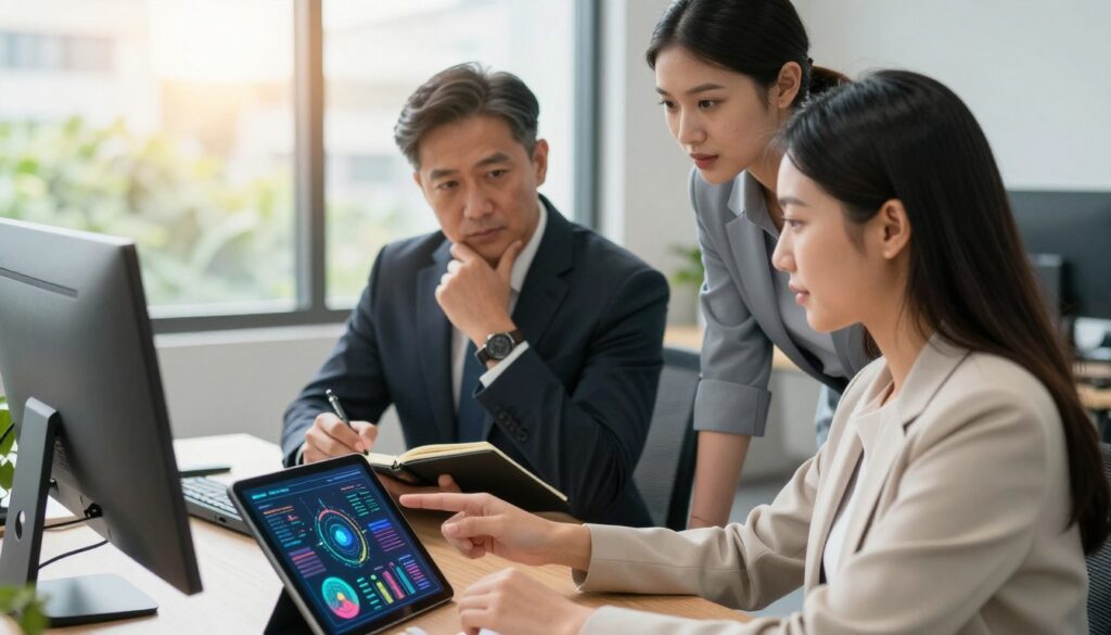 A modern office environment featuring a diverse group of three professionals engaged in a collaborative discussion. In the foreground, a young woman in professional business attire gestures towards a digital tablet displaying a vibrant and dynamic infographic. The middle layer includes a middle-aged man in a suit, nodding thoughtfully while taking notes in a sleek notebook. To the side, a woman in smart casual clothing leans forward, contributing ideas. The background shows a large window with natural light streaming in, casting a warm glow over the scene, with greenery visible outside. The overall mood conveys a sense of focused collaboration and the practical application of concepts, emphasizing teamwork and innovation in a professional setting.