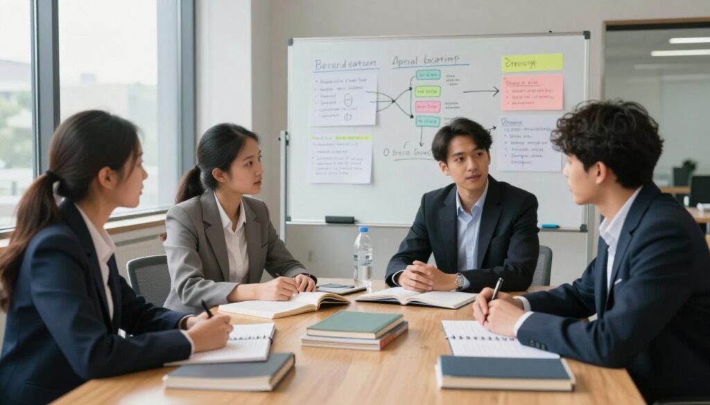 A modern study environment illustrating effective preparation strategies for an oral exam. In the foreground, a diverse group of three students, dressed in professional business attire, are engaged in a focused discussion around a large wooden table covered with books, notebooks, and study materials. In the middle ground, a whiteboard filled with colorful diagrams and notes highlights key concepts and step-by-step strategies for study preparation. The background features large windows letting in soft, natural light, creating a calm and focused atmosphere. The overall mood is productive and inspiring, showcasing teamwork and dedication in academic success. The angle is slightly elevated, capturing both the students' expressions and the detailed study materials.