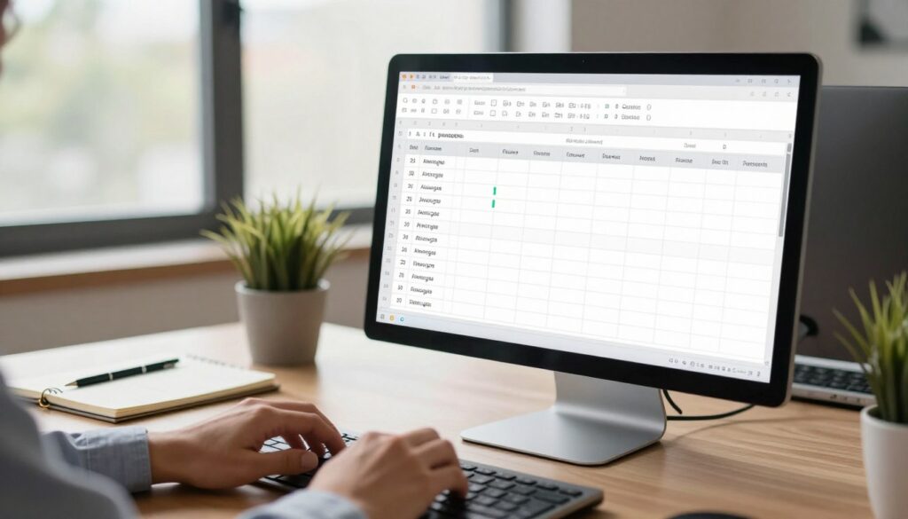 A modern workspace scene showing a beautifully designed spreadsheet on a computer screen featuring a clear formula for calculating averages while excluding zeros and empty cells. In the foreground, a hand, wearing a neatly rolled-up shirt sleeve, is typing on a sleek keyboard, conveying a professional atmosphere. The middle ground includes a well-organized desk with a notepad and pen, while a potted plant adds a touch of color. In the background, soft natural light filters through a large window, creating a warm, inviting mood. The focus is sharp on the spreadsheet, emphasizing clarity and ease of calculation, with a slight blur on the surroundings to draw attention to the task at hand. A modern workspace scene showing a beautifully designed spreadsheet on a computer screen featuring a clear formula for calculating averages while excluding zeros and empty cells. In the foreground, a hand, wearing a neatly rolled-up shirt sleeve, is typing on a sleek keyboard, conveying a professional atmosphere. The middle ground includes a well-organized desk with a notepad and pen, while a potted plant adds a touch of color. In the background, soft natural light filters through a large window, creating a warm, inviting mood. The focus is sharp on the spreadsheet, emphasizing clarity and ease of calculation, with a slight blur on the surroundings to draw attention to the task at hand.