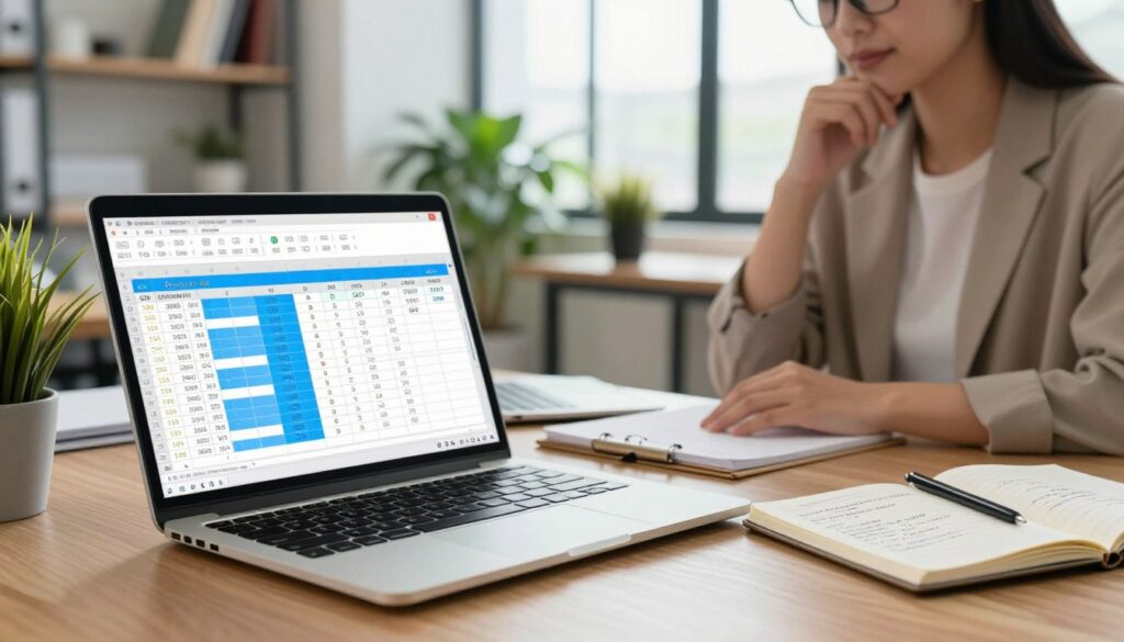A professional workspace showcasing data management through cell merging in Excel. In the foreground, a sleek laptop with the Excel interface open, displaying a colorful spreadsheet with merged cells highlighted in bright blue. Beside it, a notepad filled with neatly written notes on data organization techniques. In the middle ground, a soft-focus view of a business professional in smart casual attire, thoughtfully analyzing data trends, surrounded by office plants for a fresh atmosphere. In the background, a modern office setting with shelves filled with books on data planning and large windows allowing natural light to flood the space. The overall mood is productive and focused, with warm lighting and a sense of clarity and organization permeating the scene. A professional workspace showcasing data management through cell merging in Excel. In the foreground, a sleek laptop with the Excel interface open, displaying a colorful spreadsheet with merged cells highlighted in bright blue. Beside it, a notepad filled with neatly written notes on data organization techniques. In the middle ground, a soft-focus view of a business professional in smart casual attire, thoughtfully analyzing data trends, surrounded by office plants for a fresh atmosphere. In the background, a modern office setting with shelves filled with books on data planning and large windows allowing natural light to flood the space. The overall mood is productive and focused, with warm lighting and a sense of clarity and organization permeating the scene.