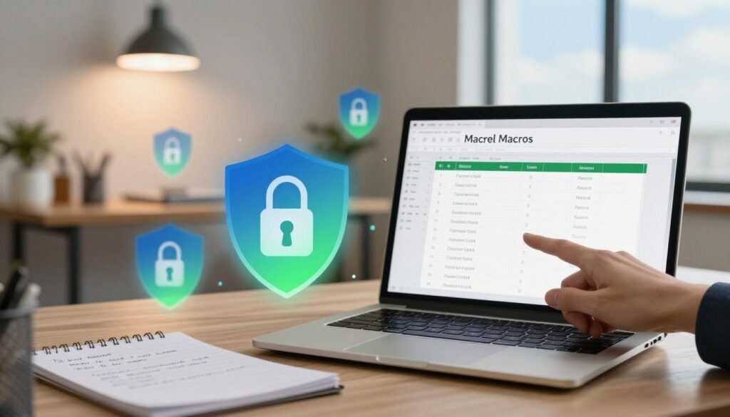 A professional workspace themed around Excel macros, showcasing a sleek laptop open to a spreadsheet with macro settings on the screen. In the foreground, a hand pointing at the laptop, symbolizing user interaction. Surrounding the laptop are visual elements representing cybersecurity, such as a shield and lock icons in a gradient of blue and green colors, evoking trust and security. The middle section features a notepad with handwritten notes on macro settings and trusted documents, blurred slightly to emphasize focus on the laptop. In the background, a softly illuminated office with warm lighting, minimalist decor, and a window revealing a clear sky, enhancing a calm and productive atmosphere. The overall mood is secure and professional, perfect for a guide on macro security settings. A professional workspace themed around Excel macros, showcasing a sleek laptop open to a spreadsheet with macro settings on the screen. In the foreground, a hand pointing at the laptop, symbolizing user interaction. Surrounding the laptop are visual elements representing cybersecurity, such as a shield and lock icons in a gradient of blue and green colors, evoking trust and security. The middle section features a notepad with handwritten notes on macro settings and trusted documents, blurred slightly to emphasize focus on the laptop. In the background, a softly illuminated office with warm lighting, minimalist decor, and a window revealing a clear sky, enhancing a calm and productive atmosphere. The overall mood is secure and professional, perfect for a guide on macro security settings.