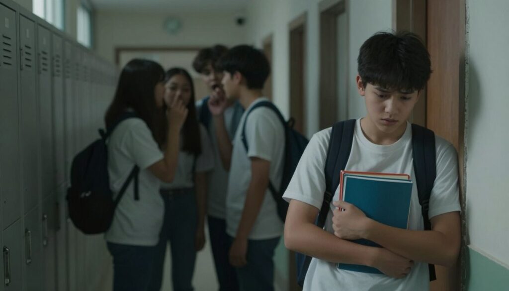 A school hallway, dimly lit, conveying a somber atmosphere. In the foreground, a young student, wearing modest casual clothing, stands with a worried expression, clutching books tightly to their chest. Their posture is slightly hunched, indicating anxiety. In the middle ground, a group of peers can be seen whispering and pointing, their expressions cold, creating a sense of exclusion. The background features lockers and classroom doors, slightly out of focus, to emphasize the alienation felt by the main subject. Soft, diffused lighting casts gentle shadows, enhancing the emotional weight of the scene, suggesting a pervasive tension typical in bullying situations. The overall mood is reflective and serious, capturing the essence of peer violence symptoms.