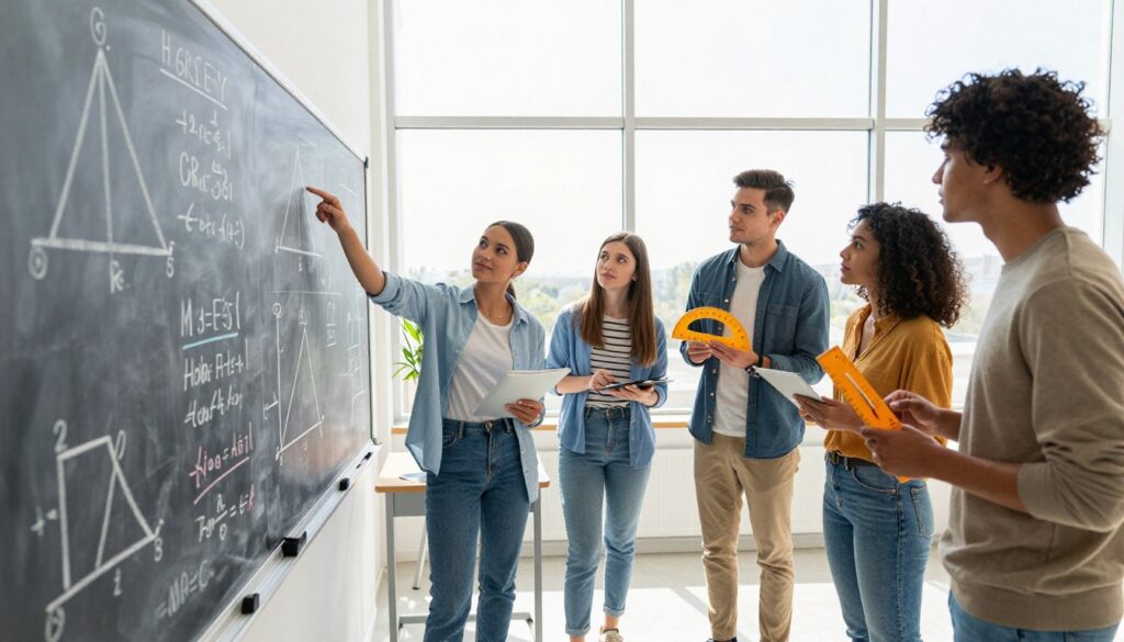 A serene classroom setting showcasing alternative methods of calculating the height of an isosceles triangle. In the foreground, a chalkboard displays geometric diagrams and calculations, with colorful chalk markings illustrating different methods. In the middle ground, a diverse group of students in smart casual attire is engaged in a discussion, pointing at the diagrams and using tools like protractors and rulers. The background features a large window with natural sunlight pouring in, casting soft shadows. The atmosphere is collaborative and intellectually stimulating, evoking a sense of curiosity and discovery in geometry. The image uses bright, clear lighting to enhance the educational theme, captured with a slight angle to provide depth. A serene classroom setting showcasing alternative methods of calculating the height of an isosceles triangle. In the foreground, a chalkboard displays geometric diagrams and calculations, with colorful chalk markings illustrating different methods. In the middle ground, a diverse group of students in smart casual attire is engaged in a discussion, pointing at the diagrams and using tools like protractors and rulers. The background features a large window with natural sunlight pouring in, casting soft shadows. The atmosphere is collaborative and intellectually stimulating, evoking a sense of curiosity and discovery in geometry. The image uses bright, clear lighting to enhance the educational theme, captured with a slight angle to provide depth.