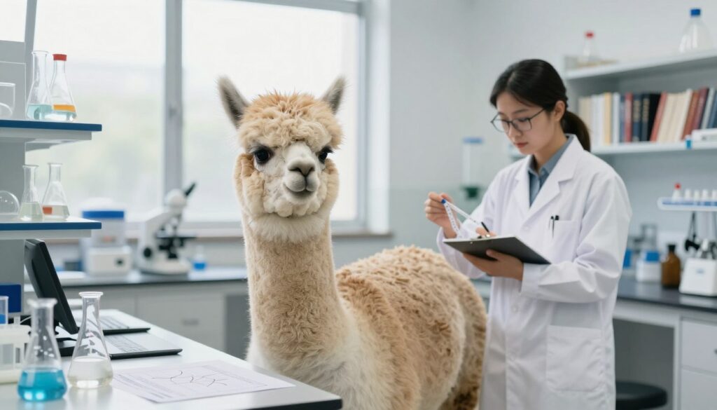 A serene laboratory setting focused on an experimental study using an alpaca as a dependent variable. In the foreground, a gentle, fluffy alpaca stands calmly, surrounded by scientific equipment like beakers and charts illustrating data on a table. In the middle, a researcher, dressed in a white lab coat and glasses, is observed measuring the alpaca with a tape and taking notes, showcasing the focus on experimentation. The background features shelves filled with books and a large window allowing soft, natural light to flood the room, creating an inviting atmosphere. The overall mood is one of curiosity and discovery, emphasizing the significant role of the dependent variable in research, with a clear, professional composition and depth of field effect.