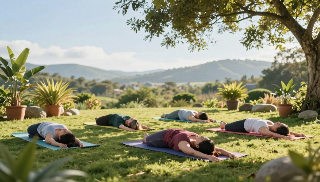A serene wellness retreat scene featuring a diverse group of individuals practicing yoga on mats in a lush, tranquil outdoor setting. In the foreground, three practitioners are engaged in a yoga pose, exhibiting calmness and focus, dressed in comfortable athletic wear. The middle layer includes soft, colorful yoga mats scattered on the grass, surrounded by beautiful potted plants and stones. In the background, we see gentle hills, a clear blue sky, and soft sunlight filtering through leafy trees, creating dappled light patterns on the ground. The atmosphere should evoke relaxation, peace, and rejuvenation, emphasizing the harmony between nature and wellness. Aim for a wide-angle view, capturing the entire scene with a soft focus for a calming effect.