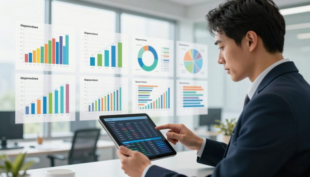 A sleek, modern office environment serves as the backdrop, filled with charts and graphs illustrating statistical data. In the foreground, a poised researcher in professional business attire analyzes a digital tablet displaying a complex data set. Surrounding them, an array of colorful statistical charts and diagrams visually represent dependent variables, each highlighted with different colors to signify their importance. Natural light streams through large windows, creating a bright, energetic atmosphere that reflects insight and discovery. A close-up angle emphasizes the interaction between the researcher and the data, showcasing their focused expression amidst the vibrant visualization elements. The overall mood conveys professionalism and intellectual engagement in statistical analysis.