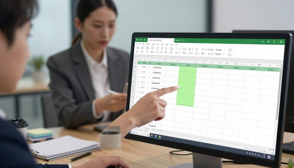 A step-by-step guide illustration on merging cells in Excel. The image foreground features a computer screen displaying a clear Excel spreadsheet, with highlighted cells ready to be merged. In the middle ground, a professional business person is focused on the screen, wearing smart attire, pointing to the cells with a stylus. The background consists of a modern office setting, with soft lighting illuminating the workspace. Subtle details include an office desk cluttered with notepads and a coffee mug. The atmosphere is professional and educational, designed to evoke clarity and assistance on the topic of Excel cell merging. The angle is slightly tilted for a dynamic view, capturing both the screen and the person. A step-by-step guide illustration on merging cells in Excel. The image foreground features a computer screen displaying a clear Excel spreadsheet, with highlighted cells ready to be merged. In the middle ground, a professional business person is focused on the screen, wearing smart attire, pointing to the cells with a stylus. The background consists of a modern office setting, with soft lighting illuminating the workspace. Subtle details include an office desk cluttered with notepads and a coffee mug. The atmosphere is professional and educational, designed to evoke clarity and assistance on the topic of Excel cell merging. The angle is slightly tilted for a dynamic view, capturing both the screen and the person.