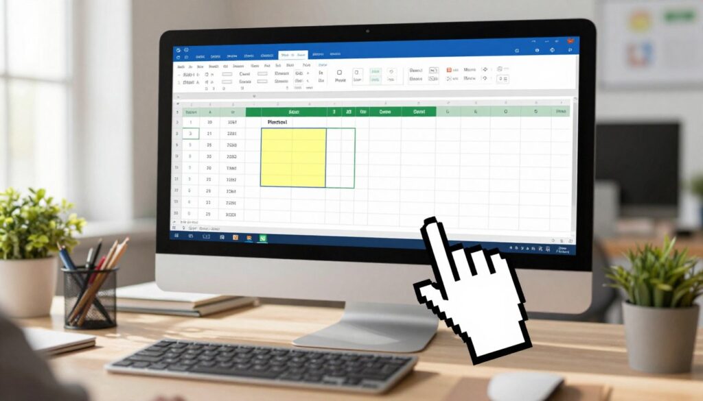 A step-by-step illustration of merging cells in Excel, featuring a visually engaging computer screen displaying a vibrant Excel spreadsheet. In the foreground, a detailed close-up of a mouse pointer hovering over two highlighted cells ready for merging, emphasizing clarity and precision. The middle layer showcases a blurred keyboard and other office supplies, suggesting an active workspace. In the background, a soft focus on a well-lit office environment with natural light streaming through a window, creating a productive atmosphere. The mood is professional and informative, appealing to readers seeking guidance on Excel functionalities. The scene is captured with a warm light setting, using a standard lens to create depth, ensuring all elements convey a sense of clarity and focus on the merging process. A step-by-step illustration of merging cells in Excel, featuring a visually engaging computer screen displaying a vibrant Excel spreadsheet. In the foreground, a detailed close-up of a mouse pointer hovering over two highlighted cells ready for merging, emphasizing clarity and precision. The middle layer showcases a blurred keyboard and other office supplies, suggesting an active workspace. In the background, a soft focus on a well-lit office environment with natural light streaming through a window, creating a productive atmosphere. The mood is professional and informative, appealing to readers seeking guidance on Excel functionalities. The scene is captured with a warm light setting, using a standard lens to create depth, ensuring all elements convey a sense of clarity and focus on the merging process.