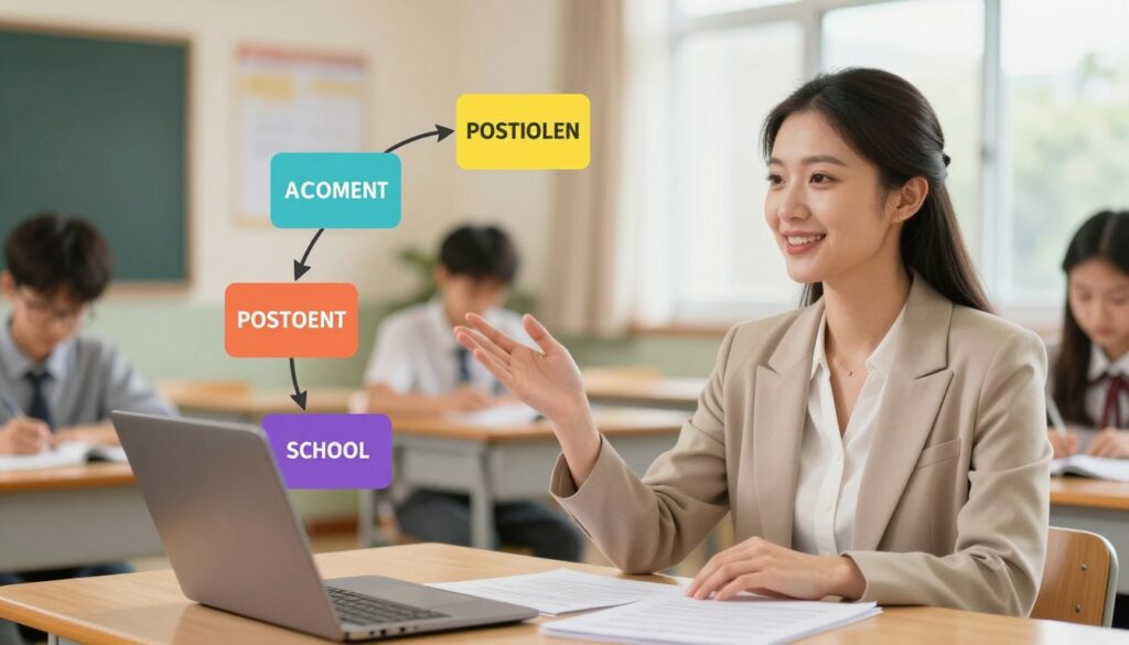A step-by-step procedural illustration depicting the process of postponing school obligation. In the foreground, show a friendly, professional woman in modest business attire, explaining the procedure at a desk with documents and a laptop. In the middle, create a visual flowchart with clear, colorful steps detailing each phase of the postponement process, using arrows to connect them. Background elements should include a soft-focus classroom setting with students in the distance, giving a reassuring and supportive atmosphere. The lighting should be warm and inviting, with natural light streaming through a window. The overall mood should convey a sense of understanding and professionalism, focusing on clarity and guidance. A step-by-step procedural illustration depicting the process of postponing school obligation. In the foreground, show a friendly, professional woman in modest business attire, explaining the procedure at a desk with documents and a laptop. In the middle, create a visual flowchart with clear, colorful steps detailing each phase of the postponement process, using arrows to connect them. Background elements should include a soft-focus classroom setting with students in the distance, giving a reassuring and supportive atmosphere. The lighting should be warm and inviting, with natural light streaming through a window. The overall mood should convey a sense of understanding and professionalism, focusing on clarity and guidance.