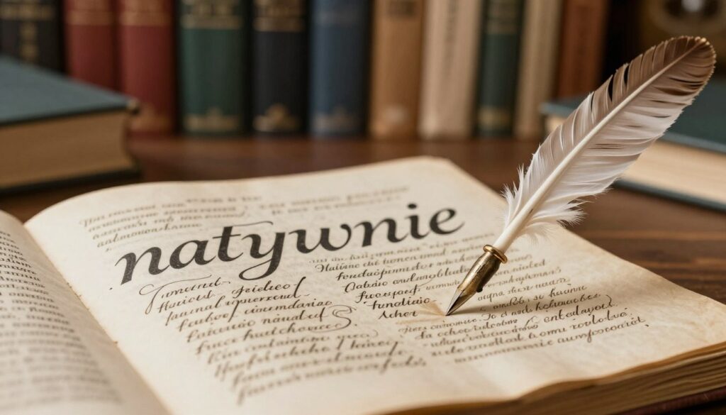 A stylized and visually engaging depiction of the concept of "natywnie" in relation to spelling and inflection. In the foreground, display an ornate calligraphy quill and an open, aged manuscript with beautifully written examples of the word "natywnie" in different grammatical forms. In the middle ground, place a soft-focus bookshelf filled with linguistic books and dictionaries, hinting at knowledge and learning. The background should showcase warm, ambient lighting, creating a cozy study atmosphere. Use a shallow depth of field to emphasize the quill and manuscript while softly blurring the bookshelf. The overall mood should be intellectual and inviting, encouraging a sense of curiosity and exploration into the topic of native language usage. A stylized and visually engaging depiction of the concept of "natywnie" in relation to spelling and inflection. In the foreground, display an ornate calligraphy quill and an open, aged manuscript with beautifully written examples of the word "natywnie" in different grammatical forms. In the middle ground, place a soft-focus bookshelf filled with linguistic books and dictionaries, hinting at knowledge and learning. The background should showcase warm, ambient lighting, creating a cozy study atmosphere. Use a shallow depth of field to emphasize the quill and manuscript while softly blurring the bookshelf. The overall mood should be intellectual and inviting, encouraging a sense of curiosity and exploration into the topic of native language usage.