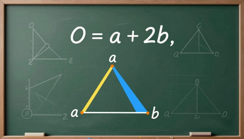 A vibrant illustration depicting the concept of the perimeter formula for an isosceles triangle, with a clear representation of the formula "O = a + 2b." In the foreground, showcase a well-drawn isosceles triangle labeled with sides 'a' and 'b', using bright colors to differentiate the sides. In the middle background, include a chalkboard or graph paper texture with geometric diagrams to enhance the educational aspect. The lighting should be evenly distributed to avoid harsh shadows, giving a warm atmosphere as if in a cozy classroom. Use a slight overhead angle to capture the triangle and the formula, inviting viewers to engage with the mathematical concept. Aim for a clean and professional aesthetic, emphasizing clarity and educational value without any text overlays or distractions.