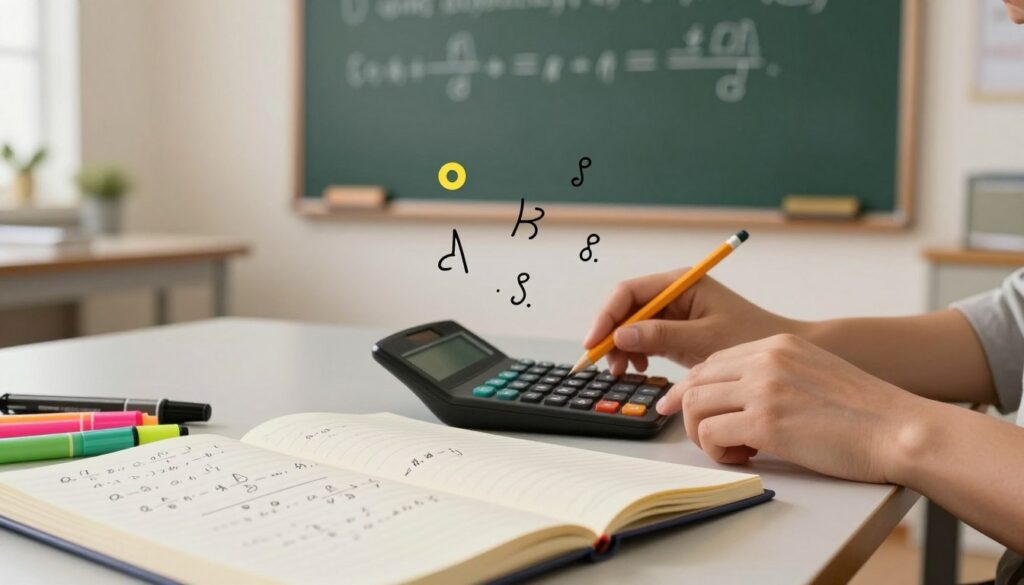 A visually compelling scene illustrating the concept of simplifying algebraic expressions. Foreground: a neat desk with an open math notebook filled with clear, neatly written algebraic equations and colorful highlighters. Middle ground: a pair of hands, skillfully maneuvering a calculator and a pencil, demonstrating the process of simplification, with various algebraic symbols and elements artistically flowing around. Background: a softly lit study room with a chalkboard displaying a step-by-step guide to algebraic simplification, illuminated by warm, inviting lighting that creates a focused atmosphere. The overall mood is one of clarity and productivity, with an emphasis on educational tools and techniques. Aim for a clean, professional composition, suitable for an academic article on algebra.