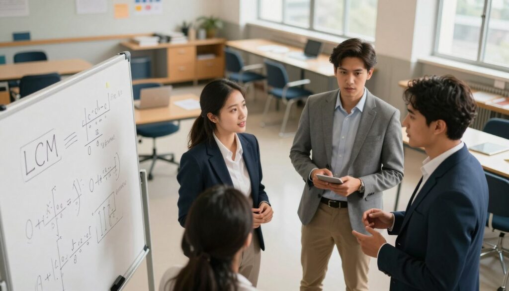 A visually engaging classroom scene depicting practical applications of the least common multiple (LCM). In the foreground, a diverse group of three professionals, including a woman in a smart business suit and two men dressed in professional attire, are engaged in a collaborative discussion around a whiteboard filled with mathematical diagrams illustrating LCM and its real-world uses, such as scheduling and optimization. The middle background features a well-organized learning space with desks, chairs, and educational resources like books and laptops. Soft, warm lighting streams in through large windows, creating a productive and focused atmosphere. The angle is slightly elevated, offering a comprehensive view of the interaction and the educational environment, enhancing the mood of teamwork and intellectual engagement. A visually engaging classroom scene depicting practical applications of the least common multiple (LCM). In the foreground, a diverse group of three professionals, including a woman in a smart business suit and two men dressed in professional attire, are engaged in a collaborative discussion around a whiteboard filled with mathematical diagrams illustrating LCM and its real-world uses, such as scheduling and optimization. The middle background features a well-organized learning space with desks, chairs, and educational resources like books and laptops. Soft, warm lighting streams in through large windows, creating a productive and focused atmosphere. The angle is slightly elevated, offering a comprehensive view of the interaction and the educational environment, enhancing the mood of teamwork and intellectual engagement.