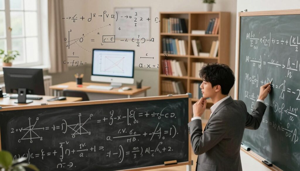 A visually engaging conceptual illustration depicting methods for solving a system of equations. In the foreground, a focused mathematician, dressed in business attire, thoughtfully interacts with a large chalkboard filled with various equations and diagrams. The middle layer showcases a classroom environment with desks, a computer displaying graphical solutions, and intricate mathematical formulas floating in the air, symbolizing complex reasoning and analysis. The background features an inviting study area with shelves filled with textbooks on mathematics and logic. Soft, natural lighting filters through a nearby window, creating a warm and collaborative atmosphere ideal for learning. The overall mood is one of concentration and discovery, capturing the essence of problem-solving in mathematics.