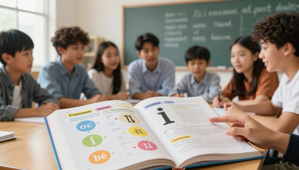 A visually engaging educational scene illustrating the rules of spelling and application of the letter "i" in words. In the foreground, an open, colorful grammar book with detailed diagrams and examples of words featuring the letter "i." The middle ground features a diverse group of students, diverse in ethnicity, engaged in a lively discussion while pointing at the book, wearing professional attire. The background displays a classroom setting with a softly lit chalkboard filled with sample sentences emphasizing the letter "i." Natural lighting filters through a window, creating a warm, inviting atmosphere. The overall mood is one of curiosity and collaboration, emphasizing learning and exploration.