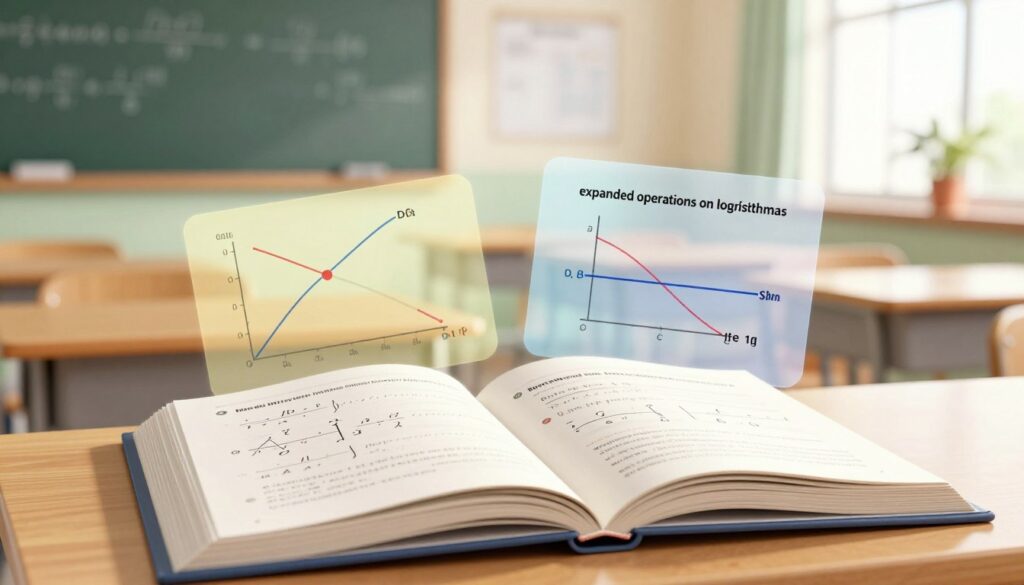 A visually engaging illustration depicting "expanded operations on logarithms." In the foreground, an open mathematics textbook with vibrant pages showing logarithmic functions and equations, mathematically accurate designs. The middle ground features layered graphs and charts demonstrating logarithmic properties, beautifully colored to enhance clarity. Behind, a softly blurred classroom setting with wooden desks and a chalkboard filled with mathematical symbols for an academic ambiance. Soft, natural lighting streams through a window, casting a warm glow over the scene. The mood is focused and educational, aiming to inspire a sense of curiosity about logarithmic operations. The composition is well-balanced, with a slight angle to add depth, creating a sense of engagement in the learning process.