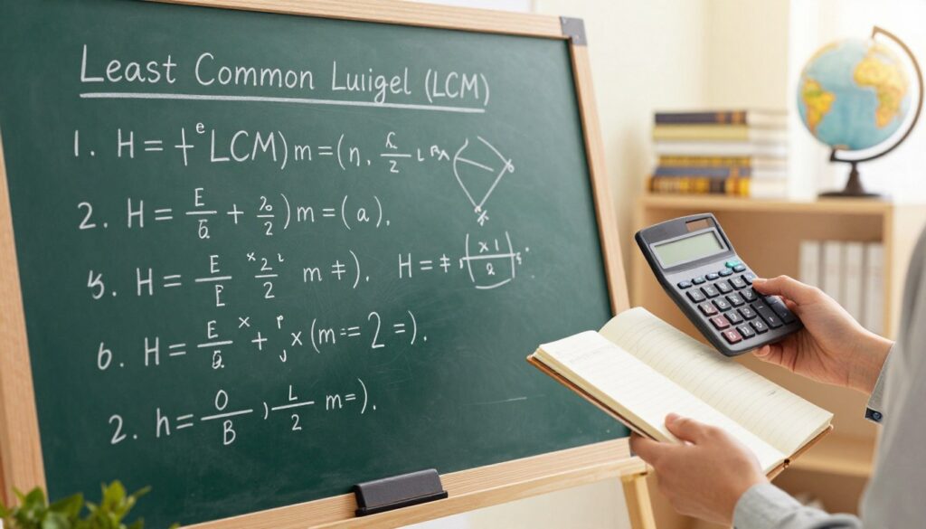 A visually engaging illustration depicting methods for finding the least common multiple (LCM) in a mathematical context. In the foreground, a large chalkboard filled with neatly written equations and diagrams showcasing step-by-step methods for calculating the LCM, such as prime factorization and listing multiples. In the middle ground, a pair of hands hold a calculator and a notebook, reviewing the calculations. The background features a well-lit classroom setting with math textbooks and a globe, conveying an educational atmosphere. Utilize warm lighting to enhance the inviting feel, and a slight overhead angle to capture the chalkboard and hands effectively, reflecting a studious vibe. A visually engaging illustration depicting methods for finding the least common multiple (LCM) in a mathematical context. In the foreground, a large chalkboard filled with neatly written equations and diagrams showcasing step-by-step methods for calculating the LCM, such as prime factorization and listing multiples. In the middle ground, a pair of hands hold a calculator and a notebook, reviewing the calculations. The background features a well-lit classroom setting with math textbooks and a globe, conveying an educational atmosphere. Utilize warm lighting to enhance the inviting feel, and a slight overhead angle to capture the chalkboard and hands effectively, reflecting a studious vibe.