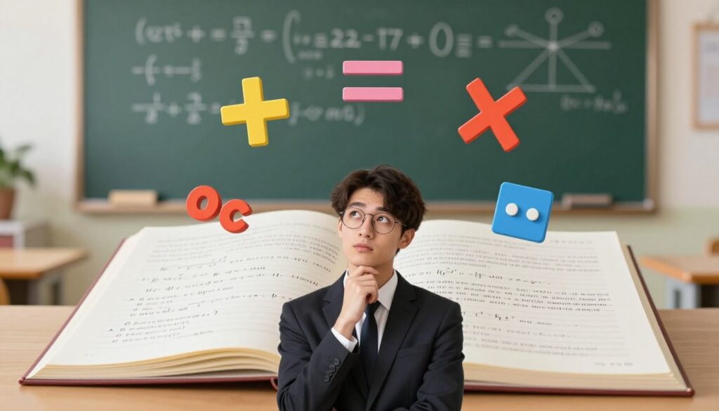 A visually engaging illustration depicting the properties of operations on natural numbers. In the foreground, showcase vibrant mathematical symbols such as addition, subtraction, multiplication, and division, artistically arranged around a central figure—a person in professional attire contemplating these symbols, with a thoughtful expression. In the middle ground, feature an open notebook filled with neatly written examples and exercises, inviting learning and engagement. The background should be a softly lit classroom setting, with a chalkboard displaying simple equations and diagrams related to natural numbers, enhancing the educational atmosphere. The overall mood is one of curiosity and enthusiasm for mathematics, captured in warm lighting, with a focus on clarity and inspiration. A visually engaging illustration depicting the properties of operations on natural numbers. In the foreground, showcase vibrant mathematical symbols such as addition, subtraction, multiplication, and division, artistically arranged around a central figure—a person in professional attire contemplating these symbols, with a thoughtful expression. In the middle ground, feature an open notebook filled with neatly written examples and exercises, inviting learning and engagement. The background should be a softly lit classroom setting, with a chalkboard displaying simple equations and diagrams related to natural numbers, enhancing the educational atmosphere. The overall mood is one of curiosity and enthusiasm for mathematics, captured in warm lighting, with a focus on clarity and inspiration.