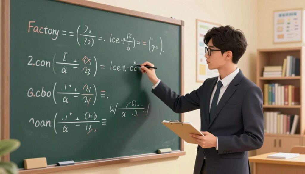 A visually engaging illustration depicting the techniques for simplifying algebraic expressions. In the foreground, include a large chalkboard filled with colorful algebraic equations and symbols, showcasing various methods like factoring, combining like terms, and using the distributive property. In the middle, an attentive young adult in professional attire, possibly with glasses, is thoughtfully analyzing the board, with a notepad in hand. The background features a warmly lit classroom environment with shelves of math textbooks and educational posters, enhancing the focus on learning. The lighting should be soft yet bright, creating an inspiring academic atmosphere. The overall mood should be focused and encouraging, inviting viewers to appreciate the process of mastering algebraic simplification techniques.
