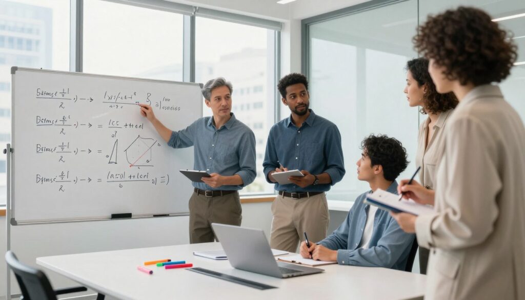 A visually engaging image showcasing practical examples of systems of equations, featuring a diverse group of three professionals in smart casual attire collaborating around a modern conference table. In the foreground, display a large whiteboard filled with clearly drawn equations and diagrams illustrating various systems of equations, with colorful markers scattered around. The middle ground should have a diverse group of professionals discussing these equations, pointing at the board and taking notes. In the background, include large windows bringing in natural light, creating a bright and inviting atmosphere, with cityscape views out of the windows. The overall mood should be one of teamwork and focused problem-solving, emphasizing the application of substitution methods in a collaborative setting. A visually engaging image showcasing practical examples of systems of equations, featuring a diverse group of three professionals in smart casual attire collaborating around a modern conference table. In the foreground, display a large whiteboard filled with clearly drawn equations and diagrams illustrating various systems of equations, with colorful markers scattered around. The middle ground should have a diverse group of professionals discussing these equations, pointing at the board and taking notes. In the background, include large windows bringing in natural light, creating a bright and inviting atmosphere, with cityscape views out of the windows. The overall mood should be one of teamwork and focused problem-solving, emphasizing the application of substitution methods in a collaborative setting.