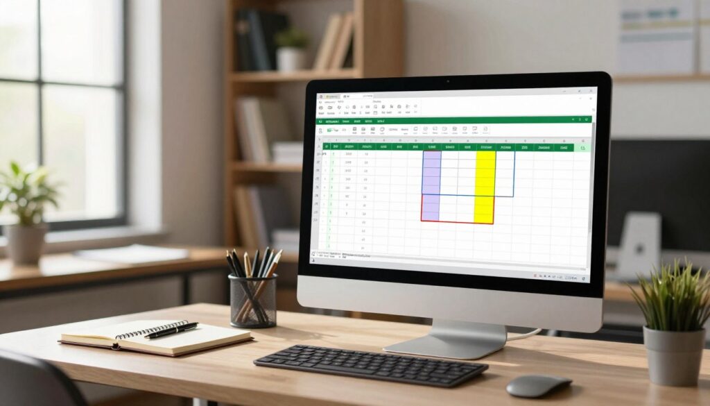 A visually engaging office setting depicting the concept of cell merging in Excel. In the foreground, a large computer screen displays a vibrant Excel spreadsheet where multiple cells are highlighted, showing the merging process with clear borders and colors. Soft natural light streams through a nearby window, casting a warm glow on the workspace. In the middle ground, a neat desk is adorned with office supplies, like a notebook and a pen, enhancing the professional atmosphere. The background features blurred shelves filled with books and a potted plant, conveying a productive environment. The overall mood is inspiring and focused, suitable for a tutorial setting, with a clean composition emphasizing clarity and organization in data presentation. A visually engaging office setting depicting the concept of cell merging in Excel. In the foreground, a large computer screen displays a vibrant Excel spreadsheet where multiple cells are highlighted, showing the merging process with clear borders and colors. Soft natural light streams through a nearby window, casting a warm glow on the workspace. In the middle ground, a neat desk is adorned with office supplies, like a notebook and a pen, enhancing the professional atmosphere. The background features blurred shelves filled with books and a potted plant, conveying a productive environment. The overall mood is inspiring and focused, suitable for a tutorial setting, with a clean composition emphasizing clarity and organization in data presentation.