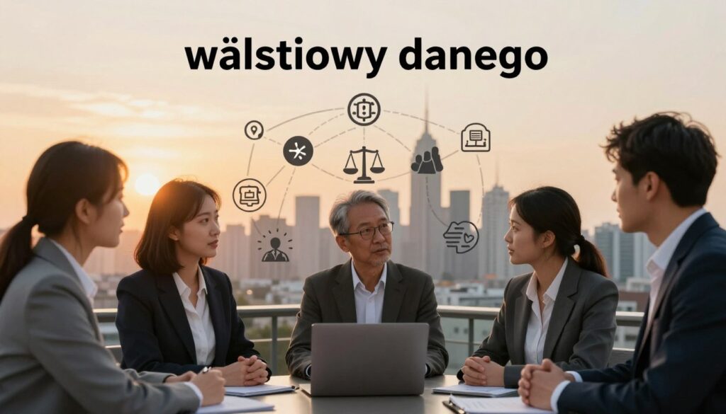 A visually engaging representation of the term "właściwy danemu" in various disciplines, showcasing a split scene. In the foreground, a diverse group of three professionals, dressed in smart business attire, engaged in discussion, illustrating collaboration. The middle section features abstract symbols and icons that represent different fields such as technology, law, and art, intertwined with flowing lines of connection. In the background, a soft-focus city skyline during sunset, with warm, golden light casting a tranquil atmosphere. The lens should create a slight depth of field, blurring the background slightly to emphasize the foreground interaction while maintaining clarity of the symbols. Overall, the mood is enlightening and inspiring, reflecting the concept of appropriateness in context.